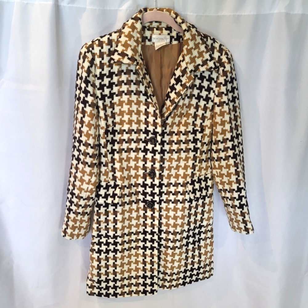 Worthington Brown Houndstooth Button Front Lined Jacket Coat Size 8 Fall Classic